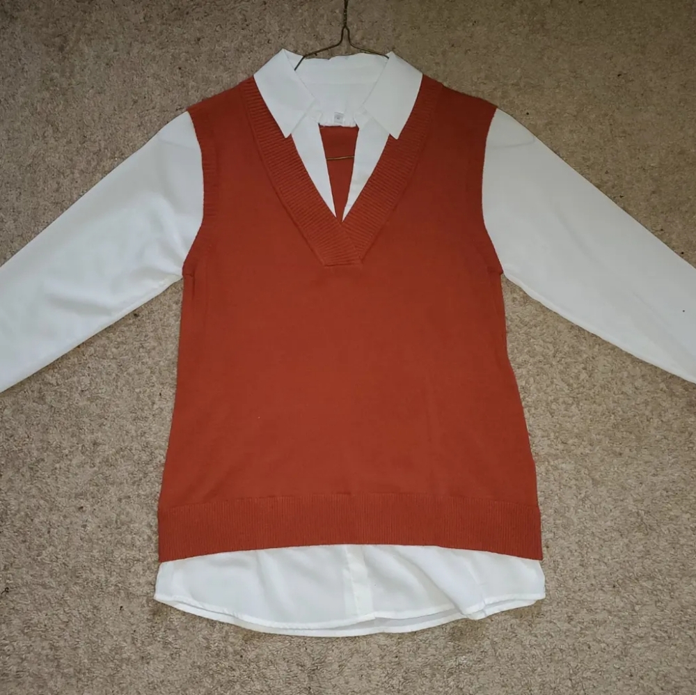 Orange Sweatervest with white undershirt attached